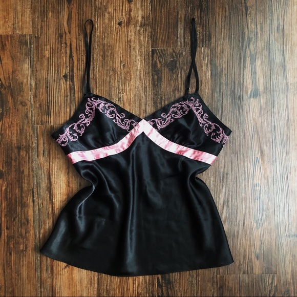 Vintage Y2K Black & Pink Satin Embroidered Tank Top